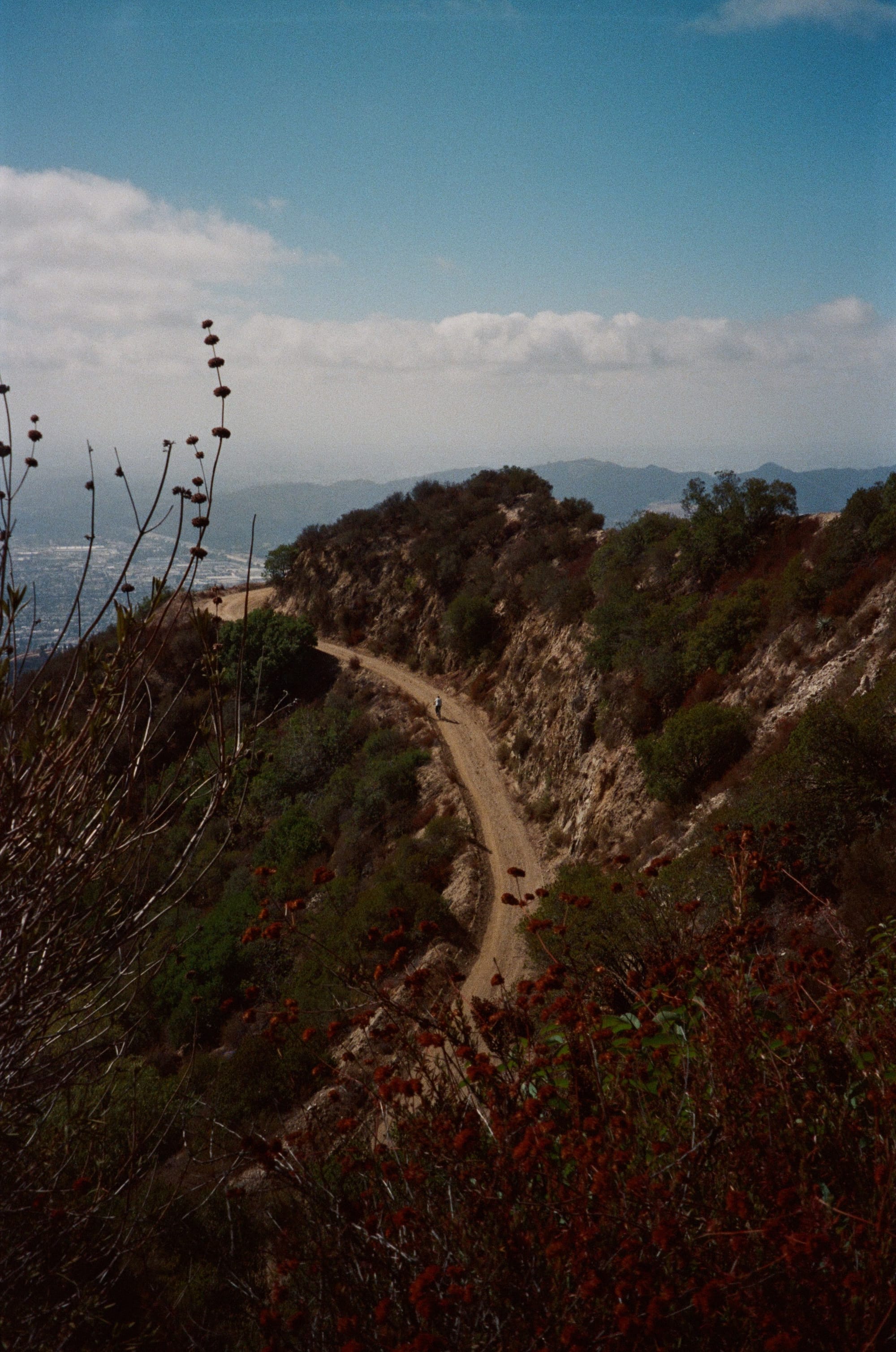 Photo of a cyclist riding up a dirt road in the hills